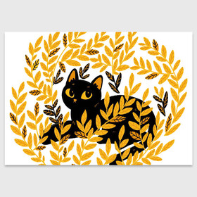 Поздравительная открытка с принтом Кот и осень в Санкт-Петербурге, 100% бумага | плотность бумаги 280 г/м2, матовая, на обратной стороне линовка и место для марки
 | Тематика изображения на принте: арт | кот | котейка | кошка | осень | пшеница | рисунок | чёрная кошка | чёрный кот | чёрный котик