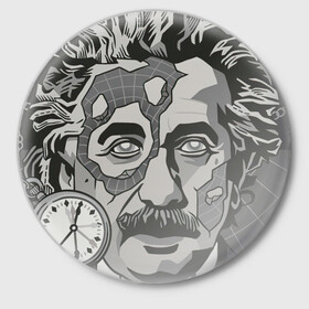 Значок с принтом Альберт Эйнштейн в Санкт-Петербурге,  металл | круглая форма, металлическая застежка в виде булавки | Тематика изображения на принте: арт | время | рисунок | учёный | часы | чёрно белый | черно белый рисунок | эйнштейн