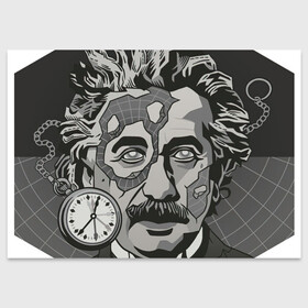 Поздравительная открытка с принтом Альберт Эйнштейн в Санкт-Петербурге, 100% бумага | плотность бумаги 280 г/м2, матовая, на обратной стороне линовка и место для марки
 | арт | время | рисунок | учёный | часы | чёрно белый | черно белый рисунок | эйнштейн