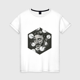 Женская футболка хлопок с принтом Никола Тесла в Санкт-Петербурге, 100% хлопок | прямой крой, круглый вырез горловины, длина до линии бедер, слегка спущенное плечо | арт | лампочка | лампочки | никола тесла | рисунок | тесла | учёный | чёрно белый | черно белый рисунок | электричество
