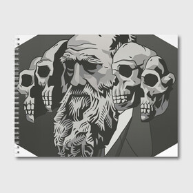 Альбом для рисования с принтом Чарльз Дарвин в Санкт-Петербурге, 100% бумага
 | матовая бумага, плотность 200 мг. | Тематика изображения на принте: арт | дарвин | рисунок | учёный | чарльз дарвин | череп | черепа | чёрно белый | черно белый рисунок | эволюция