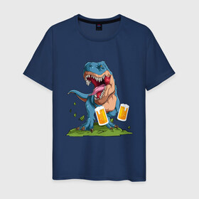 Мужская футболка хлопок с принтом Пивозавр в Санкт-Петербурге, 100% хлопок | прямой крой, круглый вырез горловины, длина до линии бедер, слегка спущенное плечо. | Тематика изображения на принте: dinosaur | pivo | pivozavr | динозавр | прикол
