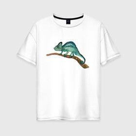 Женская футболка хлопок Oversize с принтом Зеленый хамелеон на ветке в Санкт-Петербурге, 100% хлопок | свободный крой, круглый ворот, спущенный рукав, длина до линии бедер
 | chameleon | green | lizard | reptile | torqoise | акварель | акварельный | бирюзовый | ветка | зеленый | иллюстрация | на ветке | скетч | хамелеон | ящерица