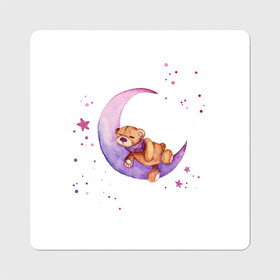 Магнит виниловый Квадрат с принтом Плюшевый мишка спит на луне в Санкт-Петербурге, полимерный материал с магнитным слоем | размер 9*9 см, закругленные углы | bedtime | dream | moon | night | sleep | stars | teddy bear | акварель | акварельный | детский | дизайн | звездный | звезды | игрушка | луна | малыш | малышковый | медведь | милый | мишка | ночь | плюшевый | розовый | сиреневый