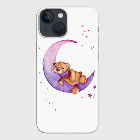 Чехол для iPhone 13 mini с принтом Плюшевый мишка спит на луне в Санкт-Петербурге,  |  | bedtime | dream | moon | night | sleep | stars | teddy bear | акварель | акварельный | детский | дизайн | звездный | звезды | игрушка | луна | малыш | малышковый | медведь | милый | мишка | ночь | плюшевый | розовый | сиреневый