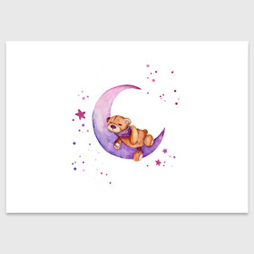 Поздравительная открытка с принтом Плюшевый мишка спит на луне в Санкт-Петербурге, 100% бумага | плотность бумаги 280 г/м2, матовая, на обратной стороне линовка и место для марки
 | bedtime | dream | moon | night | sleep | stars | teddy bear | акварель | акварельный | детский | дизайн | звездный | звезды | игрушка | луна | малыш | малышковый | медведь | милый | мишка | ночь | плюшевый | розовый | сиреневый