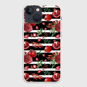 Чехол для iPhone 13 mini с принтом Гранаты и рубины на фоне полос в Санкт-Петербурге,  |  | бриллианты | гранаты | драгоценности | листья | полоски | полосы | рубины | фрукты | ягоды
