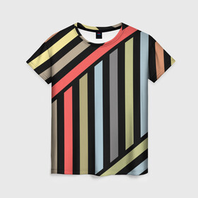 Женская футболка 3D с принтом Абстрактный полосатый  узор  в Санкт-Петербурге, 100% полиэфир ( синтетическое хлопкоподобное полотно) | прямой крой, круглый вырез горловины, длина до линии бедер | абстрактный | геометрический | желтый | молодежный | оливковый | разноцветный | ретро | современный | черный