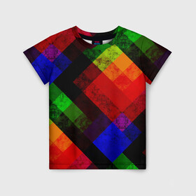 Детская футболка 3D с принтом Яркий геометрический узор  в Санкт-Петербурге, 100% гипоаллергенный полиэфир | прямой крой, круглый вырез горловины, длина до линии бедер, чуть спущенное плечо, ткань немного тянется | Тематика изображения на принте: абстрактный | геометрический | красный | модный узор | молодежный | мраморный | синий