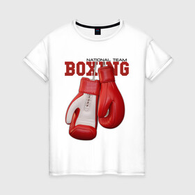 Женская футболка хлопок с принтом BOXING в Санкт-Петербурге, 100% хлопок | прямой крой, круглый вырез горловины, длина до линии бедер, слегка спущенное плечо | box | boxing | fighter | figt | mma | national | sport | team | боец | бои | бокс | боксер | единоборства | перчатки | сборная | спорт
