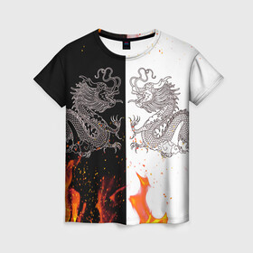 Женская футболка 3D с принтом Драконы Черный и Белый | Огонь в Санкт-Петербурге, 100% полиэфир ( синтетическое хлопкоподобное полотно) | прямой крой, круглый вырез горловины, длина до линии бедер | beast | dragon | fire | дракон | животные | зверь | змей | когти | огонь | пламя | узор | чб | японский