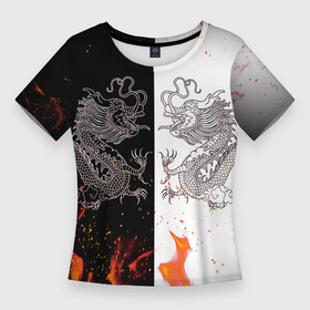Женская футболка 3D Slim с принтом Драконы Черный и Белый  Огонь в Санкт-Петербурге,  |  | beast | dragon | fire | дракон | животные | зверь | змей | когти | огонь | пламя | узор | чб | японский