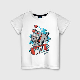 Детская футболка хлопок с принтом Майнкрафт Волк, Minecraft Wolf в Санкт-Петербурге, 100% хлопок | круглый вырез горловины, полуприлегающий силуэт, длина до линии бедер | Тематика изображения на принте: 2d | hp | minecraft | wolf | волк | выживай | исследуй | кость | майнкрафт | пиксели | сердечки | сердце | создавай | хп