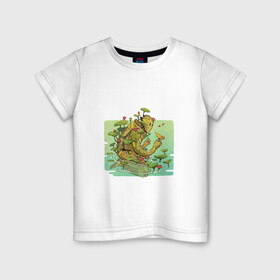 Детская футболка хлопок с принтом Озёрный робот в Санкт-Петербурге, 100% хлопок | круглый вырез горловины, полуприлегающий силуэт, длина до линии бедер | арт | киборг | кувшинка | кувшинки | озеро | планета | природа | птица | рисунок | робот | цветок | цветы