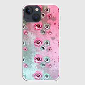 Чехол для iPhone 13 mini с принтом Акварельный камуфляж с цветами в Санкт-Петербурге,  |  | Тематика изображения на принте: акварель | акварельный | анютины глазки | градиент | женственный | камуфляж | разводы | разноцветный | фиалки | цветочки | цветочный | цветы