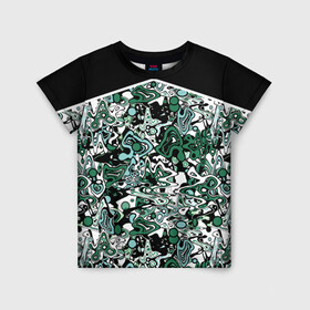 Детская футболка 3D с принтом Черно-зеленые каракули в Санкт-Петербурге, 100% гипоаллергенный полиэфир | прямой крой, круглый вырез горловины, длина до линии бедер, чуть спущенное плечо, ткань немного тянется | абстрактный | каракули | креативный | мазня | разводы | черный и зеленый