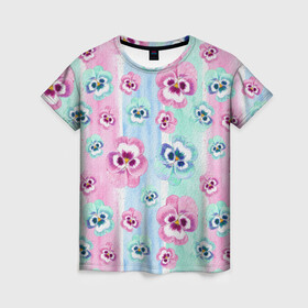 Женская футболка 3D с принтом Акварельные фиалки в Санкт-Петербурге, 100% полиэфир ( синтетическое хлопкоподобное полотно) | прямой крой, круглый вырез горловины, длина до линии бедер | акварель | акварельный | девушкам | детям | нежный | разноцветный | фиалки | цветочки | цветочный | цветы