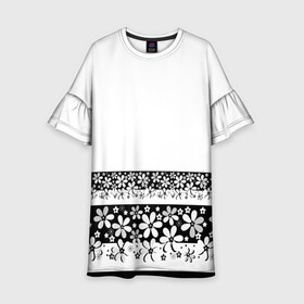 Детское платье 3D с принтом Черно-белый цветочный принт  в Санкт-Петербурге, 100% полиэстер | прямой силуэт, чуть расширенный к низу. Круглая горловина, на рукавах — воланы | белый | детский | для девушек | кайма | летний | ромашки | цветочный | цветы | черно белый | черный