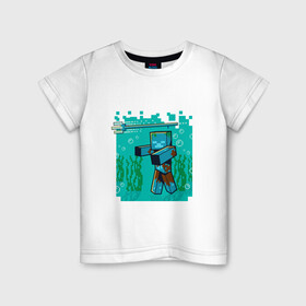 Детская футболка хлопок с принтом Утопленник (Drowne) Майнкрафт в Санкт-Петербурге, 100% хлопок | круглый вырез горловины, полуприлегающий силуэт, длина до линии бедер | maincraft | mob | pixel | unit | водоросли | зомби | маинкрафт | майнкрафт | моб | персонаж | пиксели | подводный | трезубец | тризубец | утопленник