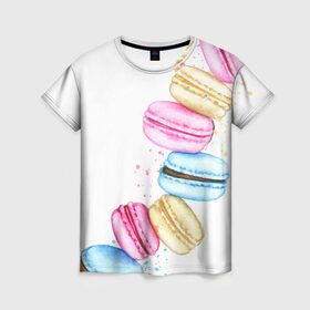 Женская футболка 3D с принтом Macarons. Нежный десерт в Санкт-Петербурге, 100% полиэфир ( синтетическое хлопкоподобное полотно) | прямой крой, круглый вырез горловины, длина до линии бедер | Тематика изображения на принте: акварель | акварельные | десерт | десерты | макаронс | макаруны | пирожное | пирожные | разноцветные | сладости