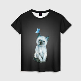 Женская футболка 3D с принтом Тайский котенок с бабочкой в Санкт-Петербурге, 100% полиэфир ( синтетическое хлопкоподобное полотно) | прямой крой, круглый вырез горловины, длина до линии бедер | акварель | бабочка | кот | котенок | котик | кошечка | кошка | смешной | тайский | темный