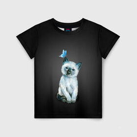 Детская футболка 3D с принтом Тайский котенок с бабочкой в Санкт-Петербурге, 100% гипоаллергенный полиэфир | прямой крой, круглый вырез горловины, длина до линии бедер, чуть спущенное плечо, ткань немного тянется | акварель | бабочка | кот | котенок | котик | кошечка | кошка | смешной | тайский | темный