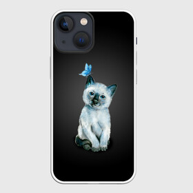 Чехол для iPhone 13 mini с принтом Тайский котенок с бабочкой в Санкт-Петербурге,  |  | акварель | бабочка | кот | котенок | котик | кошечка | кошка | смешной | тайский | темный