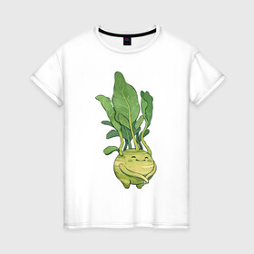 Женская футболка хлопок с принтом Капуста кольраби в Санкт-Петербурге, 100% хлопок | прямой крой, круглый вырез горловины, длина до линии бедер, слегка спущенное плечо | арт | капуста | кольраби | листья | мило | милота | овощ | овощи | рисунок | свежие овощи | свежий овощ | свежий продукт
