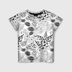 Детская футболка 3D с принтом Черно-белый узор Тропики в Санкт-Петербурге, 100% гипоаллергенный полиэфир | прямой крой, круглый вырез горловины, длина до линии бедер, чуть спущенное плечо, ткань немного тянется | абстрактный | листья | модный | популярный | рисунок | скетч | тропический узор | цветы | черный и белый | экзотические растения