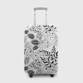 Чехол для чемодана 3D с принтом Черно-белый узор Тропики в Санкт-Петербурге, 86% полиэфир, 14% спандекс | двустороннее нанесение принта, прорези для ручек и колес | абстрактный | листья | модный | популярный | рисунок | скетч | тропический узор | цветы | черный и белый | экзотические растения