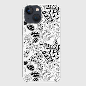 Чехол для iPhone 13 mini с принтом Черно белый узор Тропики в Санкт-Петербурге,  |  | абстрактный | листья | модный | популярный | рисунок | скетч | тропический узор | цветы | черный и белый | экзотические растения