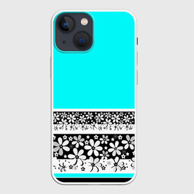 Чехол для iPhone 13 mini с принтом Цветочный бирюзовый  узор в Санкт-Петербурге,  |  | абстрактный | бирюзовый | девушкам | детский | кайма | летний | неоновый | ромашки | цветы | черный и белый