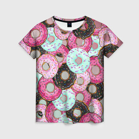 Женская футболка 3D с принтом Пончик в Санкт-Петербурге, 100% полиэфир ( синтетическое хлопкоподобное полотно) | прямой крой, круглый вырез горловины, длина до линии бедер | пончик | пончики | пончики с глазурью | разноцветная глазурь | яркая посыпка