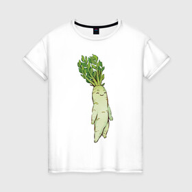 Женская футболка хлопок с принтом Милая редька в Санкт-Петербурге, 100% хлопок | прямой крой, круглый вырез горловины, длина до линии бедер, слегка спущенное плечо | арт | зелень | мило | милота | овощ | овощи | редька | рисунок | свежие овощи | свежий овощ | свежий продукт