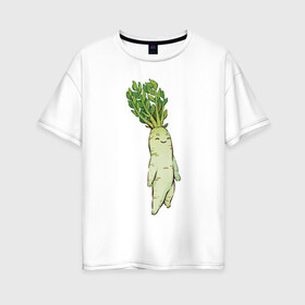 Женская футболка хлопок Oversize с принтом Милая редька в Санкт-Петербурге, 100% хлопок | свободный крой, круглый ворот, спущенный рукав, длина до линии бедер
 | Тематика изображения на принте: арт | зелень | мило | милота | овощ | овощи | редька | рисунок | свежие овощи | свежий овощ | свежий продукт