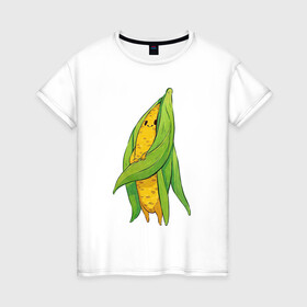 Женская футболка хлопок с принтом Милая кукурузка в Санкт-Петербурге, 100% хлопок | прямой крой, круглый вырез горловины, длина до линии бедер, слегка спущенное плечо | арт | длинные волосы | кукуруза | мило | милота | овощ | овощи | рисунок | свежие овощи | свежий овощ | свежий продукт