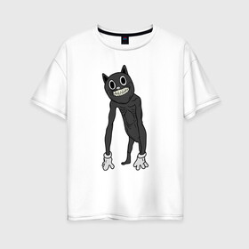 Женская футболка хлопок Oversize с принтом Cartoon Cat / Мультяшный кот в Санкт-Петербурге, 100% хлопок | свободный крой, круглый ворот, спущенный рукав, длина до линии бедер
 | angry cat | cartoon cat | cat | crazy | horror | kitty | monster | siren head | sirenhead | безумный | злой кот | картун кет | картун кэт | котик | кошак | монстр | мультяшный кот | сирен хеад | сиреноголовый | улыбка | хоррор