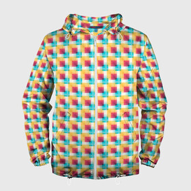 Мужская ветровка 3D с принтом Красочные кубы в Санкт-Петербурге, 100% полиэстер | подол и капюшон оформлены резинкой с фиксаторами, два кармана без застежек по бокам, один потайной карман на груди | квадраты | кубы | паттерн | пиксели | разноцветный