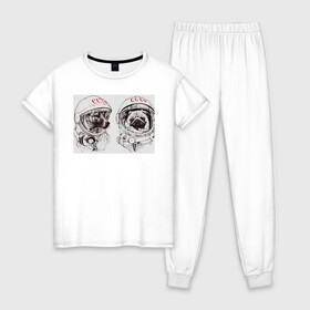 Женская пижама хлопок с принтом Собаки - космонавты в Санкт-Петербурге, 100% хлопок | брюки и футболка прямого кроя, без карманов, на брюках мягкая резинка на поясе и по низу штанин | в тренде. | космос | собаки | собаки на белом фоне | ссср