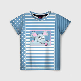 Детская футболка 3D с принтом Веселая Мышь в Санкт-Петербурге, 100% гипоаллергенный полиэфир | прямой крой, круглый вырез горловины, длина до линии бедер, чуть спущенное плечо, ткань немного тянется | в горошек | веселый | детский | забавный | комбинированный | крыса | лоскуты | мышь | полосатый узор | полосы | синий