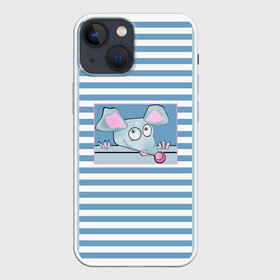 Чехол для iPhone 13 mini с принтом Веселая Мышь в Санкт-Петербурге,  |  | в горошек | веселый | детский | забавный | комбинированный | крыса | лоскуты | мышь | полосатый узор | полосы | синий