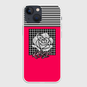 Чехол для iPhone 13 mini с принтом Аппликация роза на клетчатом в Санкт-Петербурге,  |  | аппликация | детский | комбинированный | полосатый | пэчворк | роза | розовый | цветочный узор | черный и малиновый | яркий малиновый