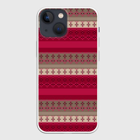Чехол для iPhone 13 mini с принтом Полосатый вышитый орнамент в Санкт-Петербурге,  |  | бежевый | вишневый цвет | вышивка | коричневый и бордовый | орнамент | полосы | популярный | простой | этнический