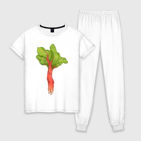 Женская пижама хлопок с принтом Ревень в Санкт-Петербурге, 100% хлопок | брюки и футболка прямого кроя, без карманов, на брюках мягкая резинка на поясе и по низу штанин | арт | зелень | красный | мило | милота | овощ | овощи | ревень | рисунок | свежие овощи | свежий овощ | свежий продукт