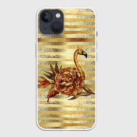 Чехол для iPhone 13 с принтом Золотой фламинго и цветок в Санкт-Петербурге,  |  | драгоценный | золотистый | золото | пион | полоски | птица | серебристый | серебро | фламинго | цветок | цветочный | цветы