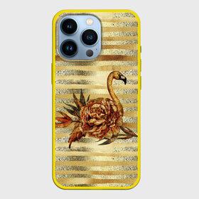 Чехол для iPhone 13 Pro с принтом Золотой фламинго и цветок в Санкт-Петербурге,  |  | драгоценный | золотистый | золото | пион | полоски | птица | серебристый | серебро | фламинго | цветок | цветочный | цветы