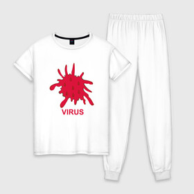 Женская пижама хлопок с принтом Virus в Санкт-Петербурге, 100% хлопок | брюки и футболка прямого кроя, без карманов, на брюках мягкая резинка на поясе и по низу штанин | coronavirus | covid19 | virus | вакцина | вакцинация | вирус | грипп | заражение | здоровье | иммунитет | инфекция | карантин | корона | коронавирус | маска | пандемия | прививка | самоизоляция | спутник