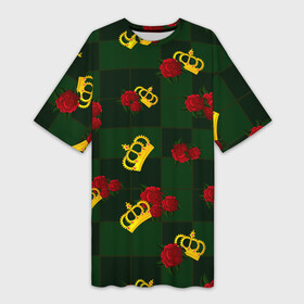 Платье-футболка 3D с принтом Короны и розы в Санкт-Петербурге,  |  | зеленая клетка | золото | квадрат | королева | король | корона | красный | полосы | роза | сетка | узор | цветок | шахматная доска | шахматы