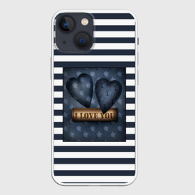 Чехол для iPhone 13 mini с принтом Я тебя люблю в Санкт-Петербурге,  |  | влюбленным | для любимого | любовь | полосатый узор | ретро | сердце | синий | темно синий