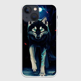 Чехол для iPhone 13 mini с принтом КРАСИВЫЙ ВОЛК в Санкт-Петербурге,  |  | волк | деревья | зверь | лес | листя | луна | снег | хищник